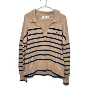 Vineyard Vines Striped V Neck Polo Sweater - Tan/Navy L